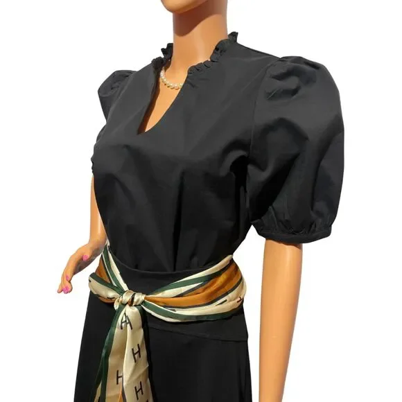 New Black Ruffle V-Neck Puff Sleeve Top Small - Picture 7 of 9